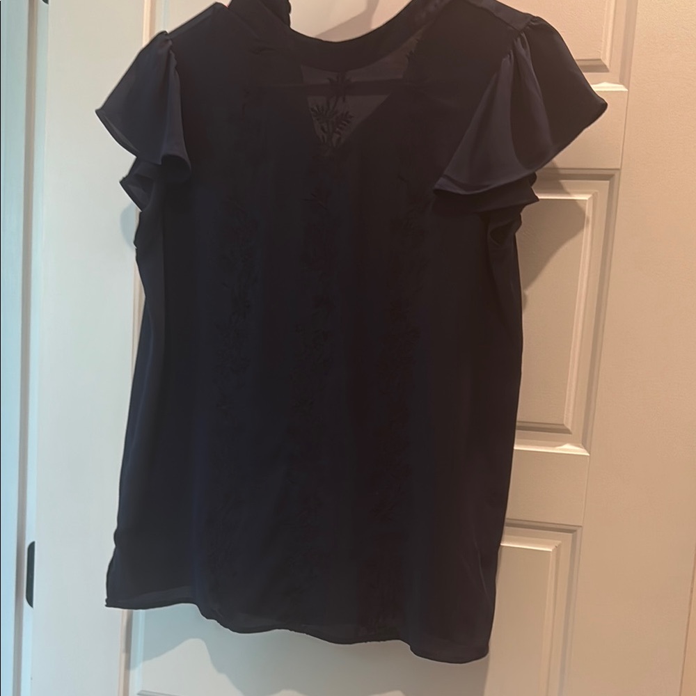 LOFT Black Flutter Sleeve Ruffled Blouse